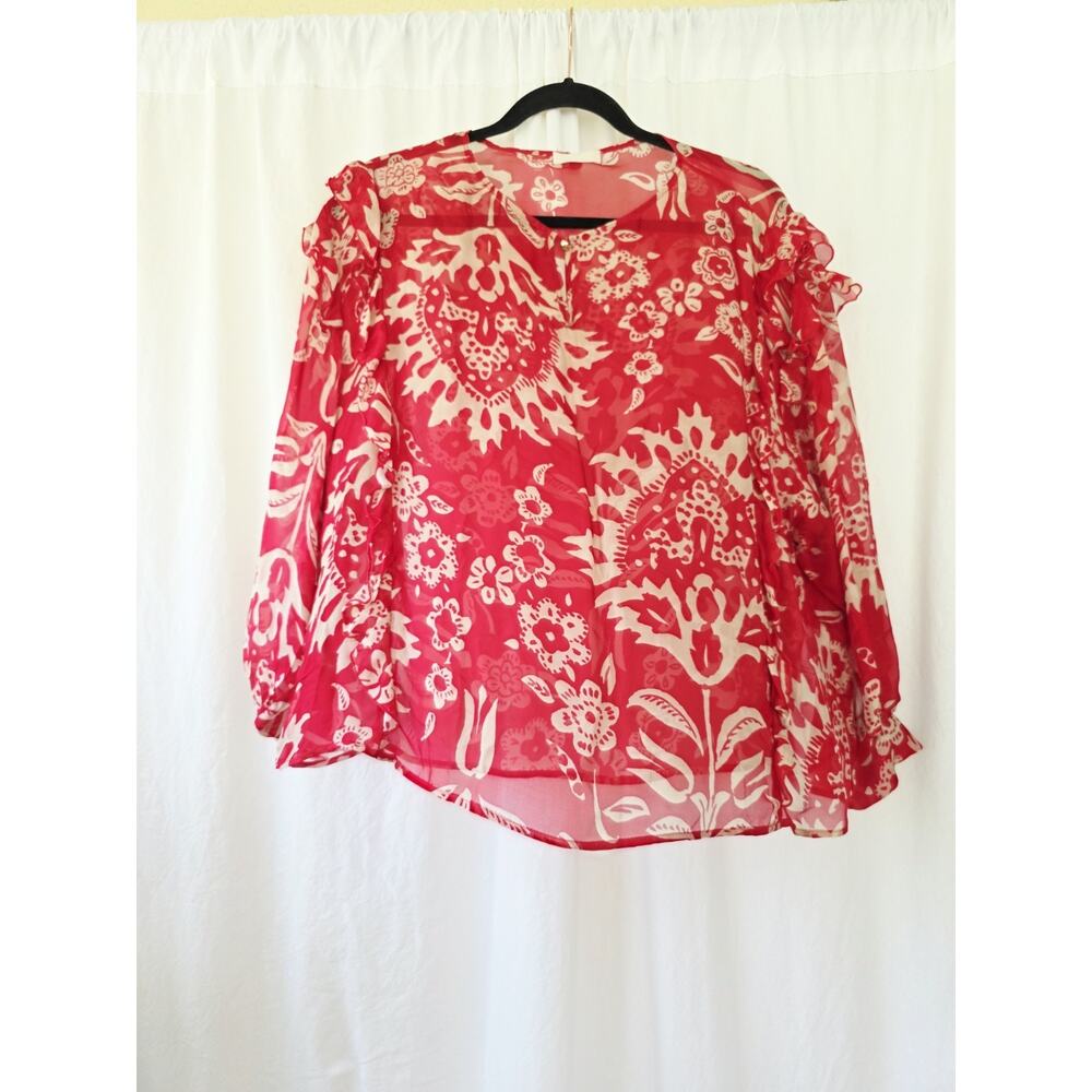 LIU JO Top IT44 US8 UK12 M Silk Blend Long Sleeves Red Blouse Boho Chic Romantic - Picture 4 of 9
